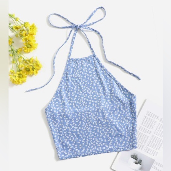 SHEIN Tops - NWT Floral Blue Halter Crop Top